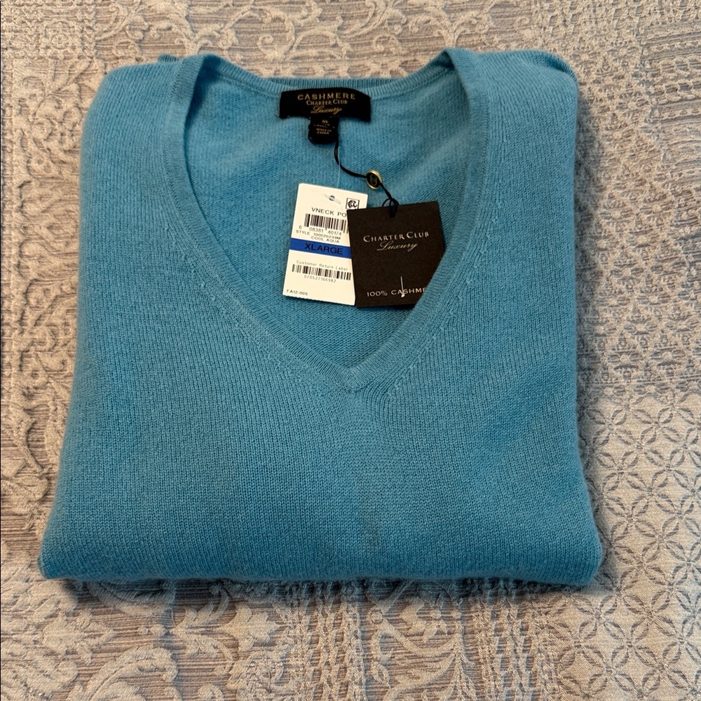 Charter Club Cashmere V-Neck Sweater Aqua XL NWT